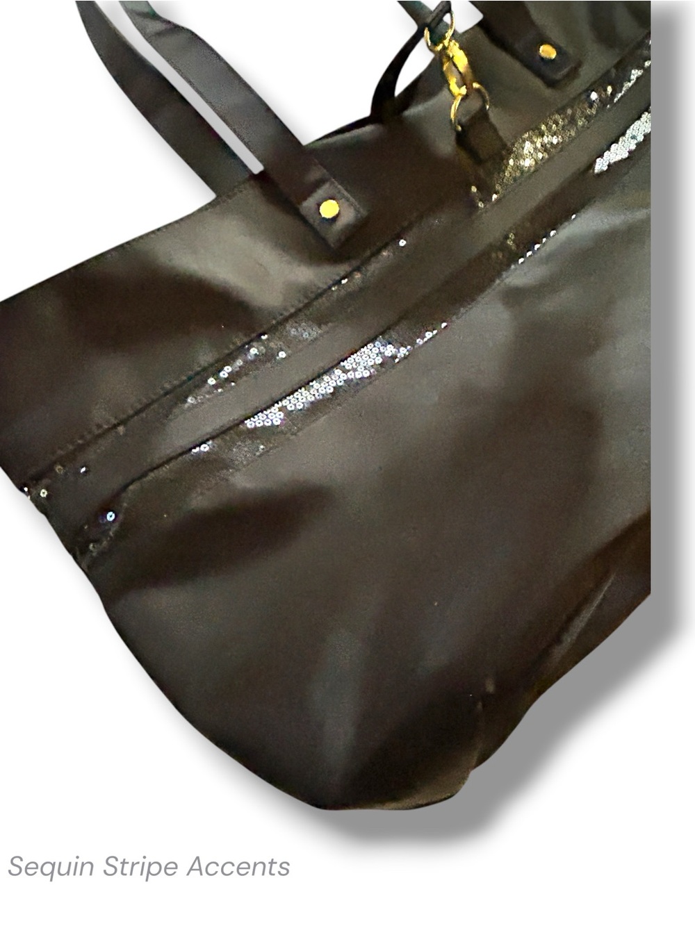 Nine West Love Fury Tote Bag Black w Sequins & Gold Accents Medium Size Carry On - Picture 4 of 10